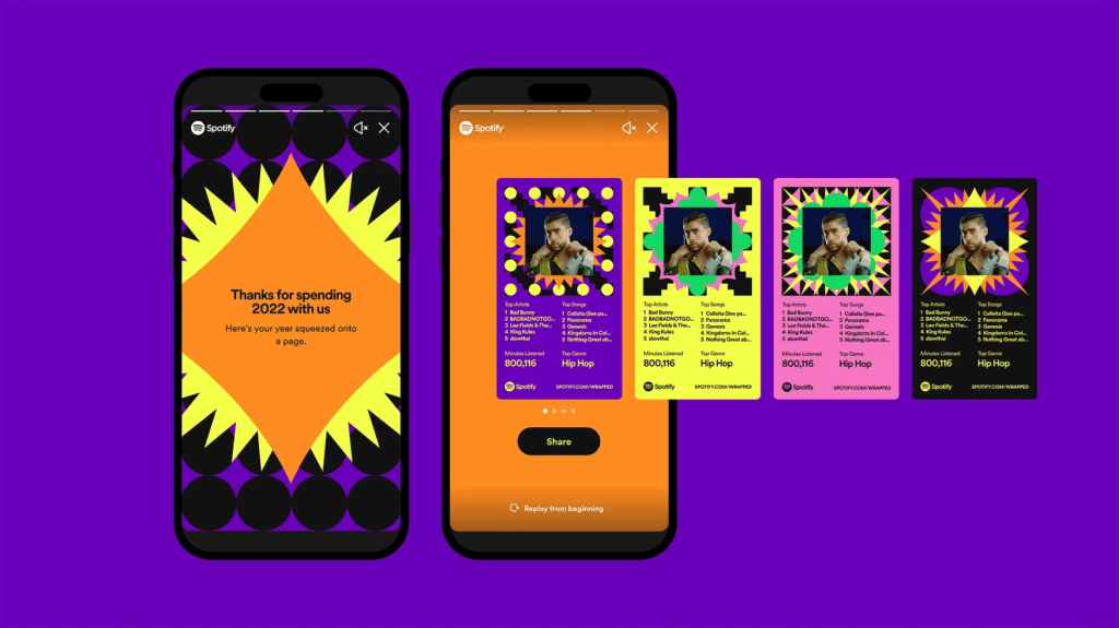 Spotify's 2022 Wrapped Personalization Features on Mobile Display – A set of three smartphones showcasing Spotify's personalized "Wrapped" feature, where users can view a year-end summary of their listening habits. The colorful, vibrant design features a combination of bright yellow, purple, green, and black geometric patterns surrounding a photo of a top artist, music genre stats, and listening activity summaries. This design reflects Spotify's emphasis on dynamic, data-driven personalization, with options to share the wrap-up experience on social platforms.