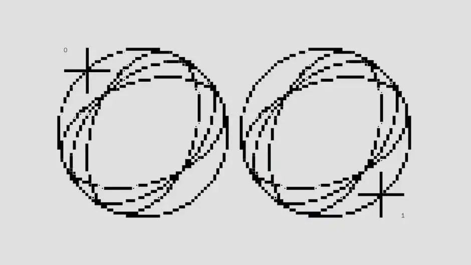 Intricate black and white pixel art featuring circular patterns with binary symbols, showcasing abstract shapes.