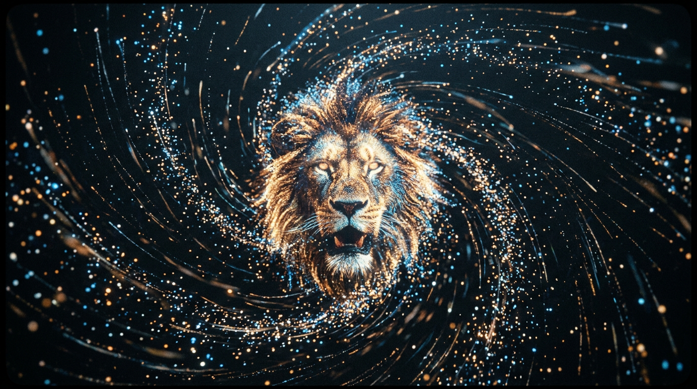 Lion's head surrounded by swirling blue and gold star-like particles on a dark background