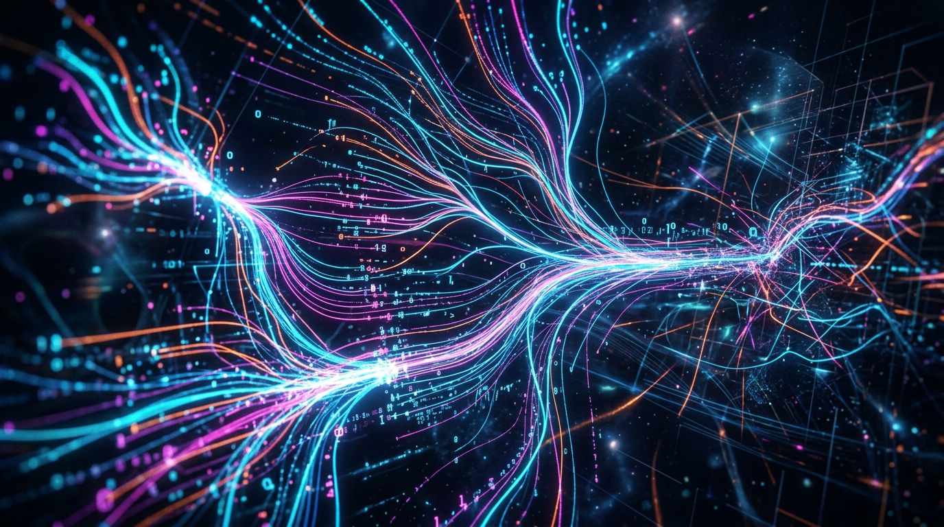 Dynamic glowing lines representing digital data flow and network connections