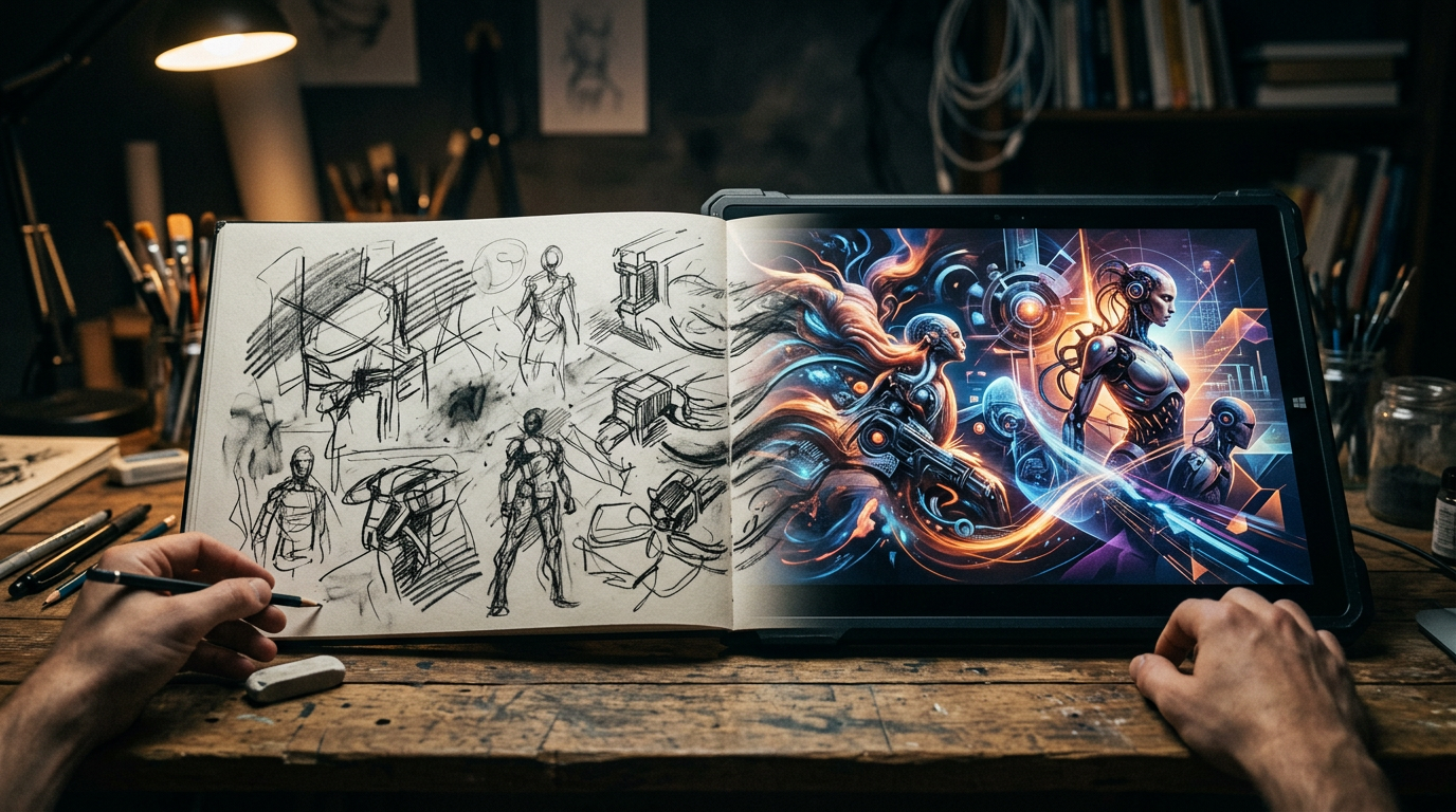 Open sketchbook with sci-fi robot sketches and digital screen showing futuristic robotic artwork