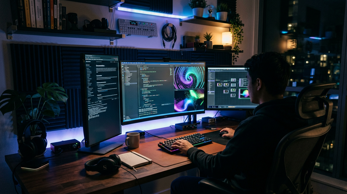 Person working on computer with multiple screens showing code and graphic designs