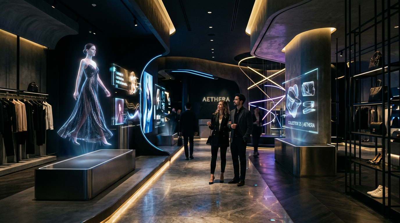 Couple viewing holographic fashion displays in luxury retail store