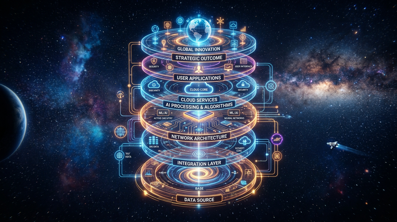 Layered diagram showing global innovation, user applications, cloud services, AI processing, network architecture, integration layer, and data source