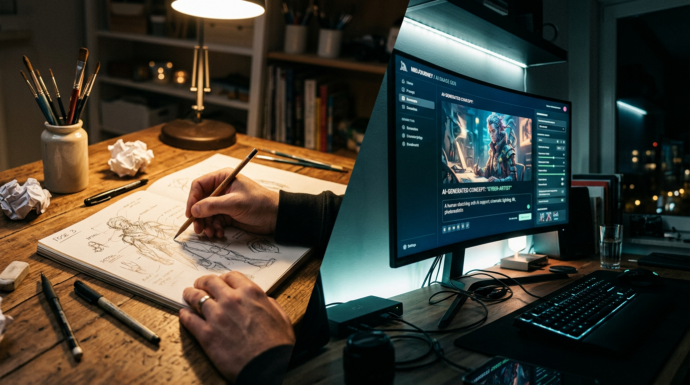 Hands drawing sketches in a notebook next to a curved monitor displaying AI-generated character art