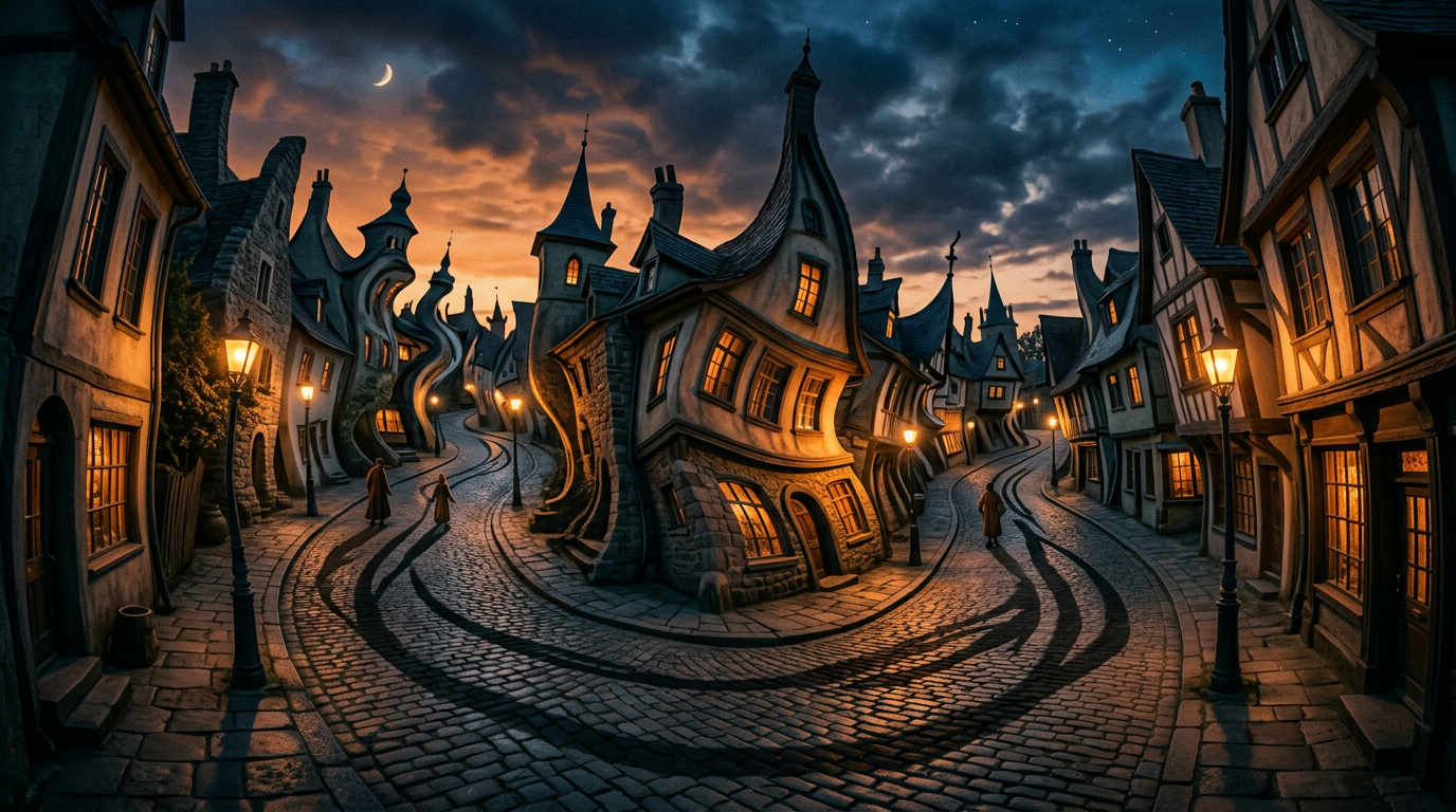 Surreal distorted town with bending shadows twilight
