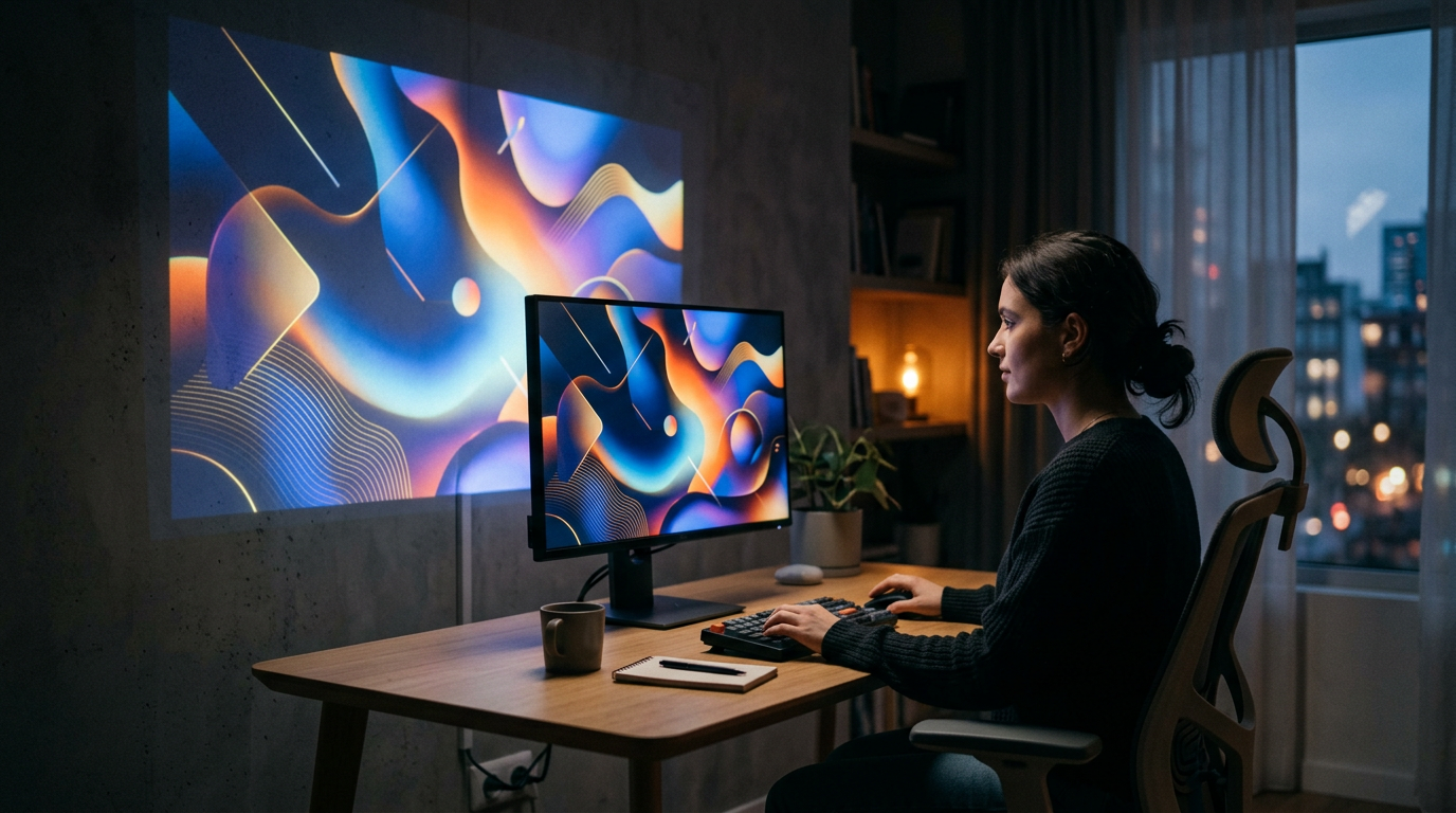 Woman creating digital art on computer with abstract colorful design