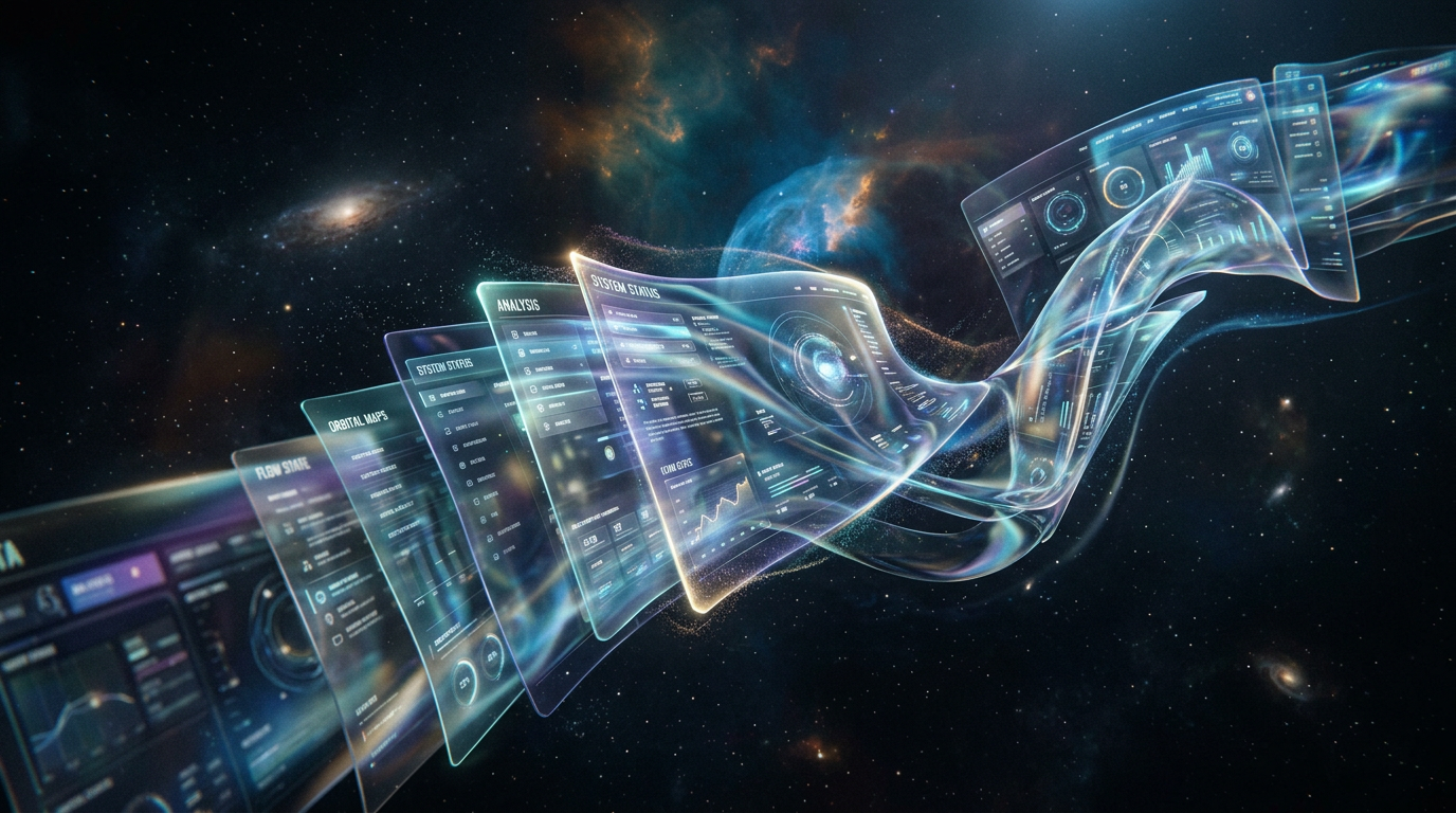 Translucent digital interface screens showing system status and analysis data against a starry space background