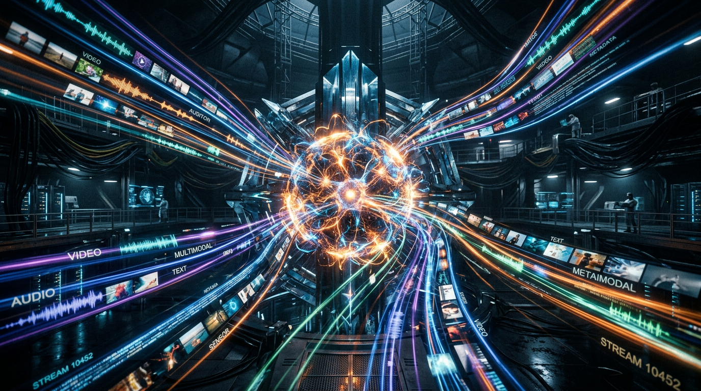 Futuristic laboratory with streams of video, audio, and text data converging into a glowing central core