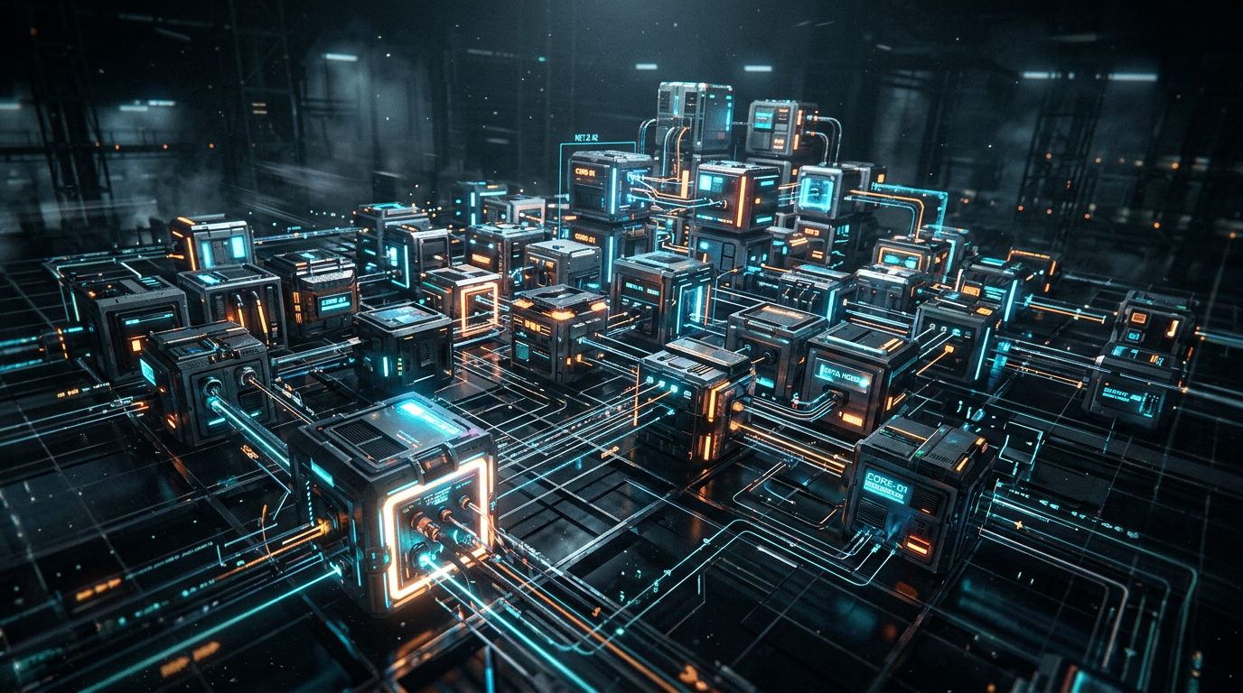 Interconnected glowing cubes linked with bright data lines on a grid