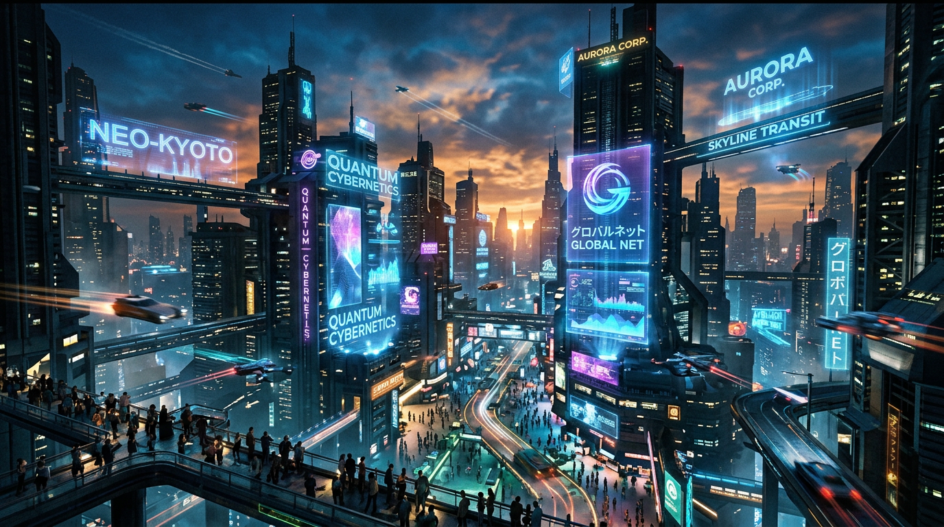 Futuristic dusk city with holographic overlays