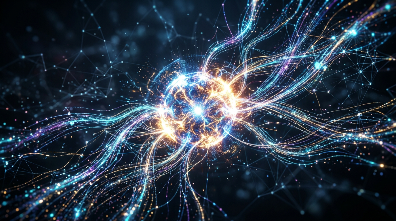 Glowing central particle emitting interconnected colorful energy streams
