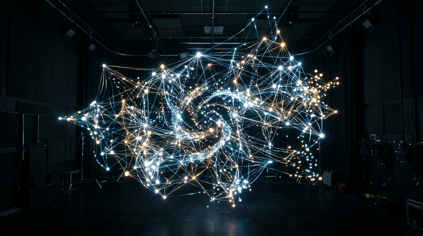 Three-dimensional network model with interconnected glowing nodes and lines in a dark space