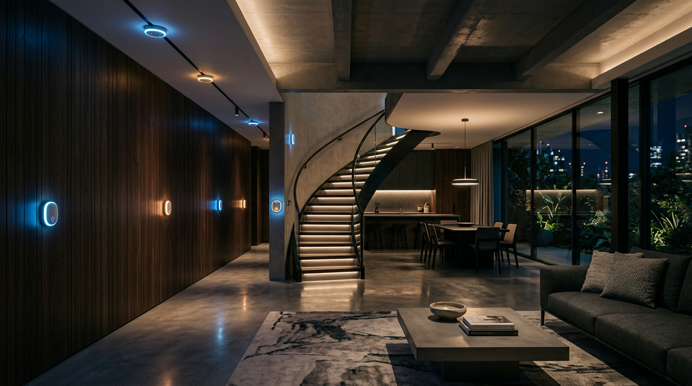 Open living room and dining area with spiral staircase and city skyline visible through large windows