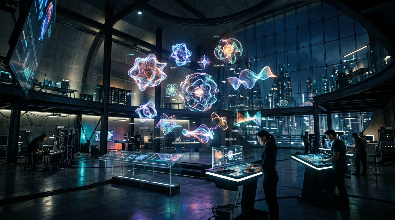 Futuristic studio with floating holographic generative art