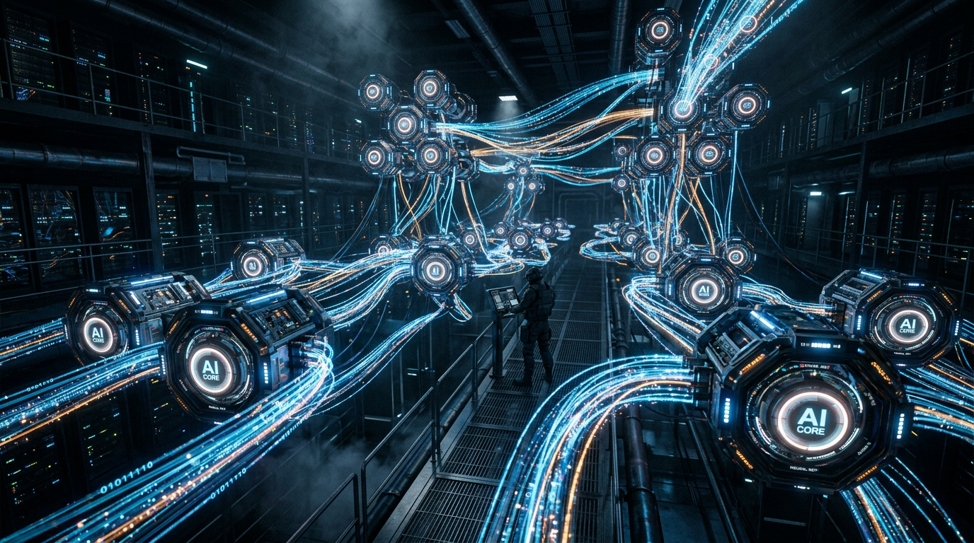 Interconnected AI modules with flowing data streams