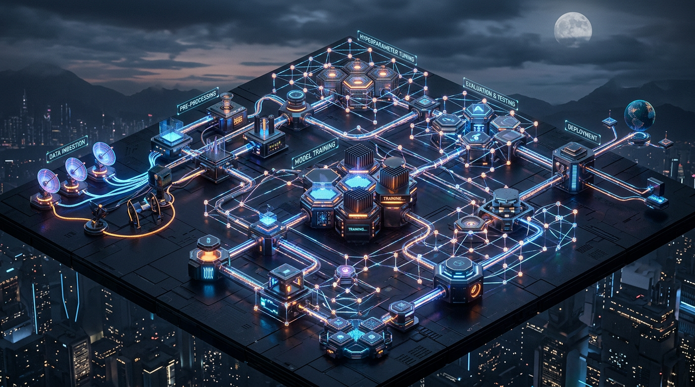 3D digital model illustrating stages of AI development: data ingestion, preprocessing, model training, hyperparameter tuning, evaluation, testing, and deployment