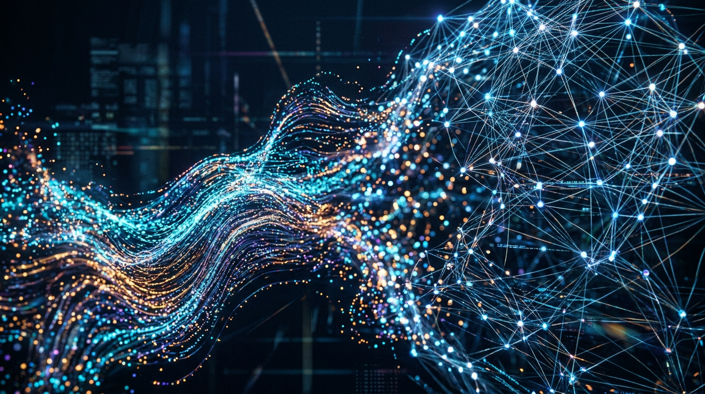 Colorful flowing data stream merging into a network of interconnected nodes and lines