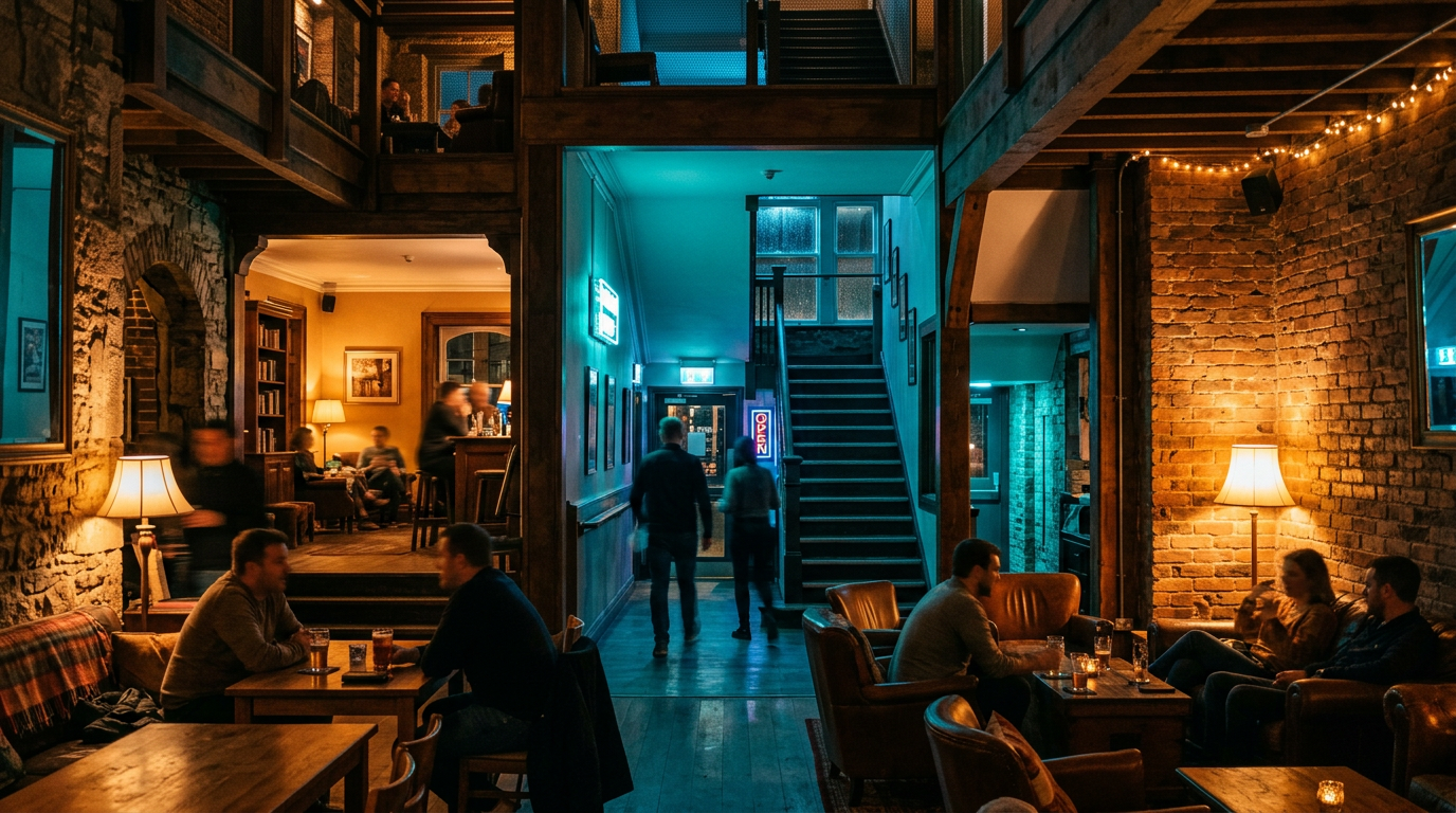Interior of a rustic pub with groups of people sitting and talking