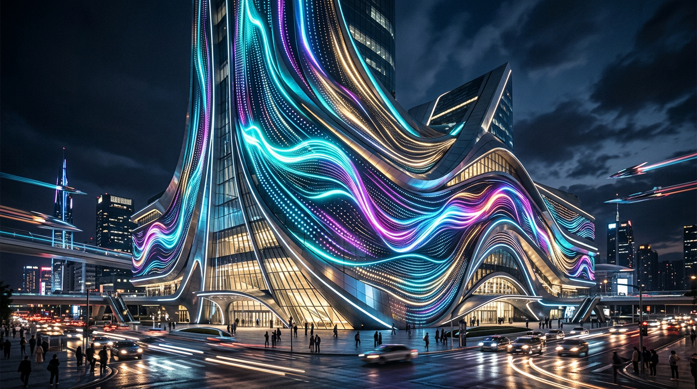 Nighttime city scene with futuristic building displaying flowing neon light patterns