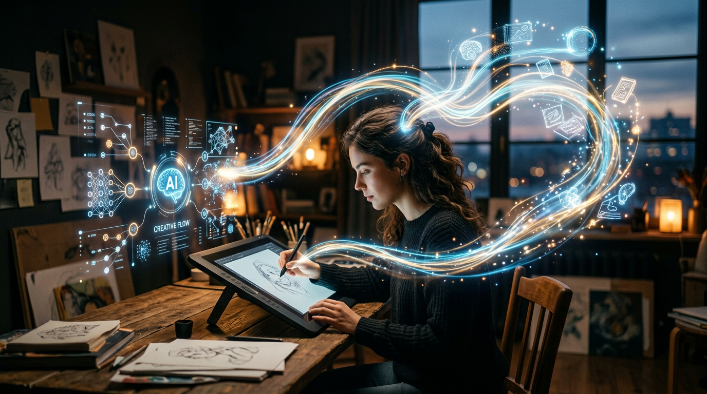 Young woman drawing a digital portrait with AI-generated creative flow visuals