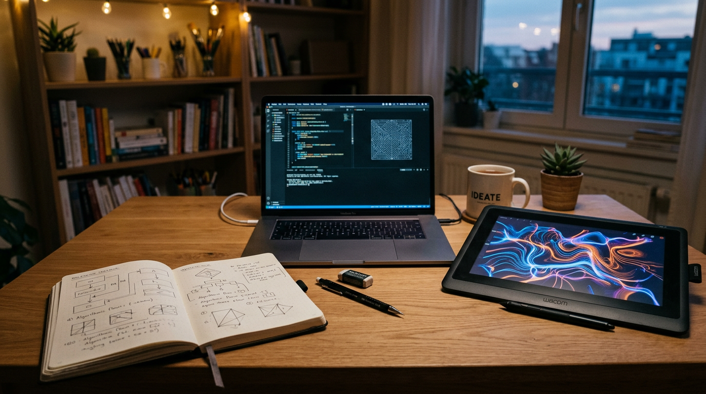 Workspace with open notebook showing diagrams, laptop with code, and graphic tablet displaying abstract art