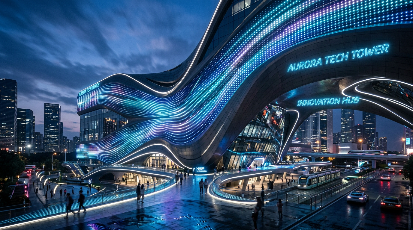 Curved modern building with LED light waves labeled Aurora Tech Tower and Innovation Hub in night city