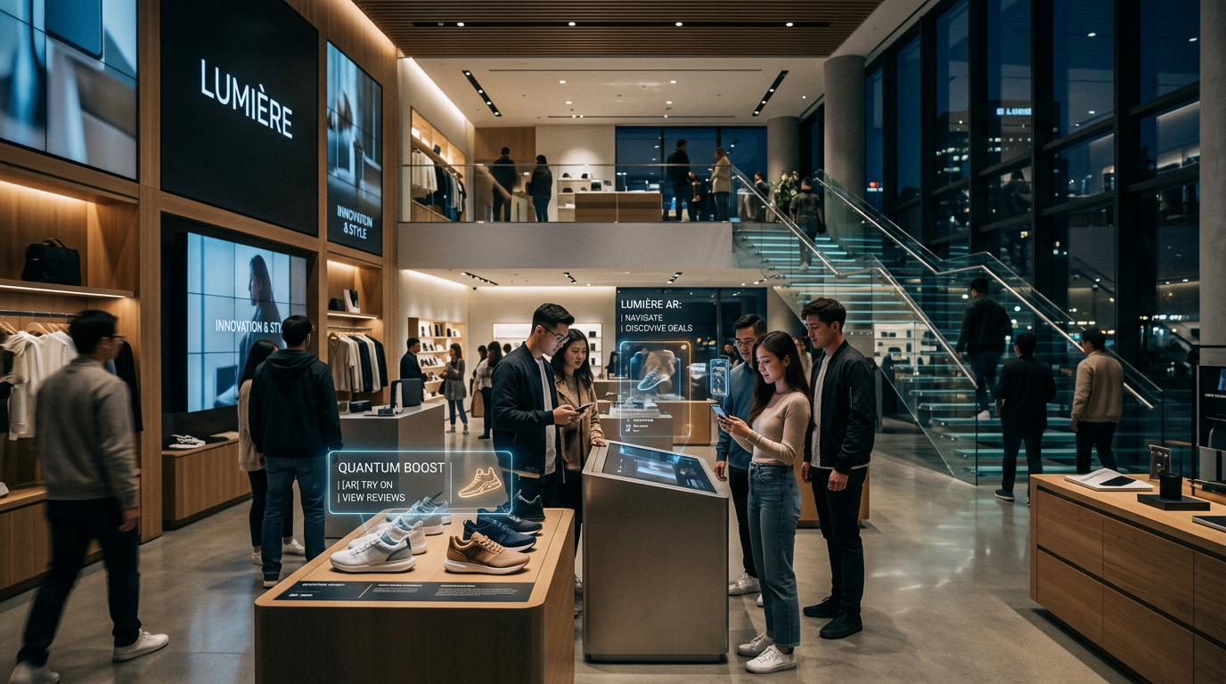 Customers using augmented reality displays to explore shoes and accessories in a sleek retail store