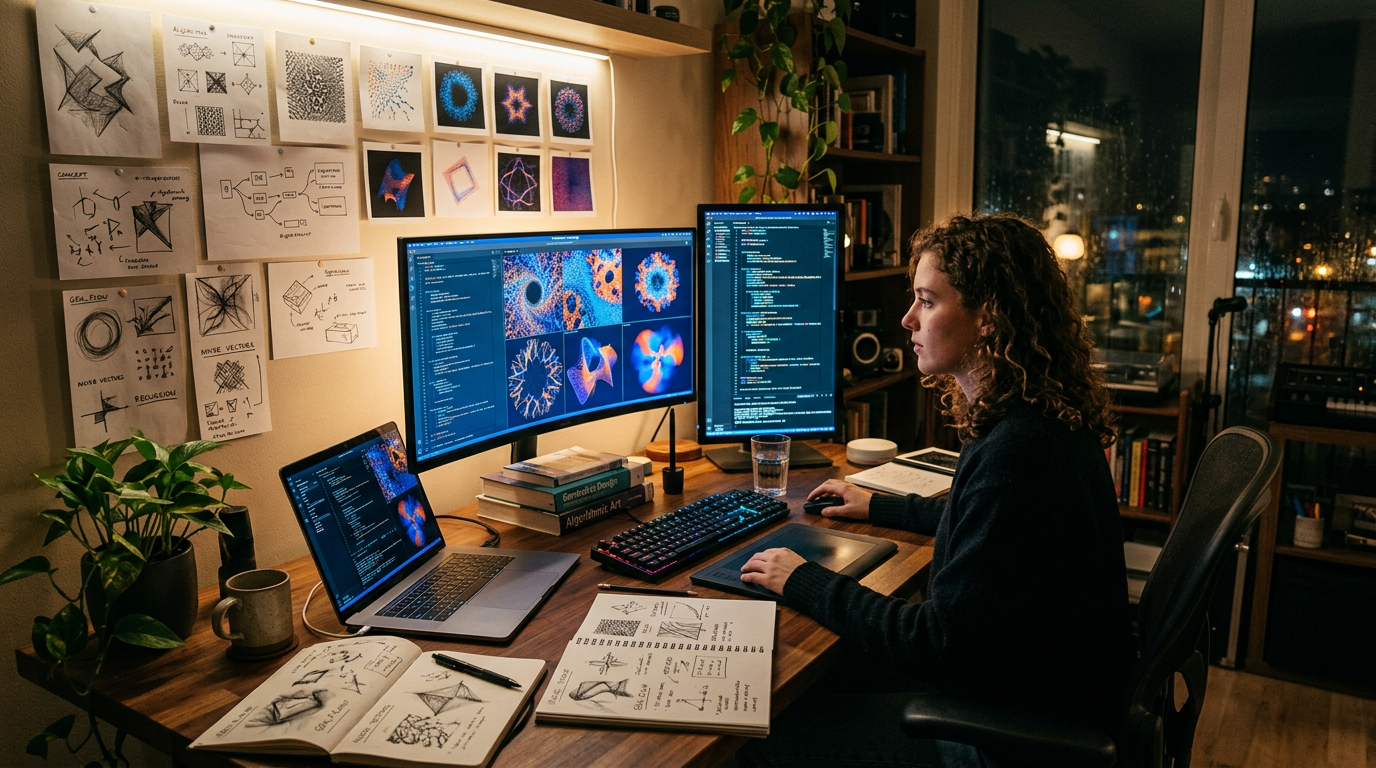 Creative workspace with generative visuals and sketches