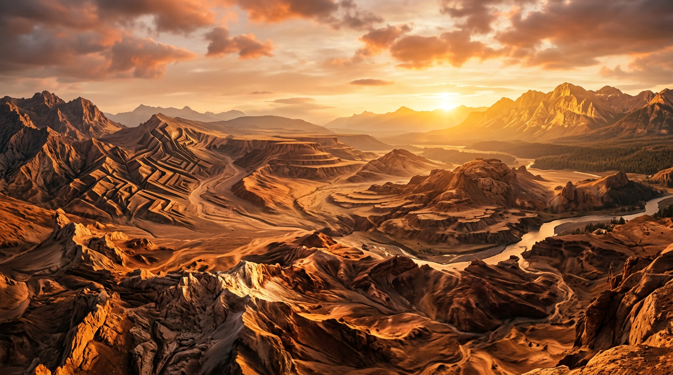 Winding river through layered desert canyons at sunset