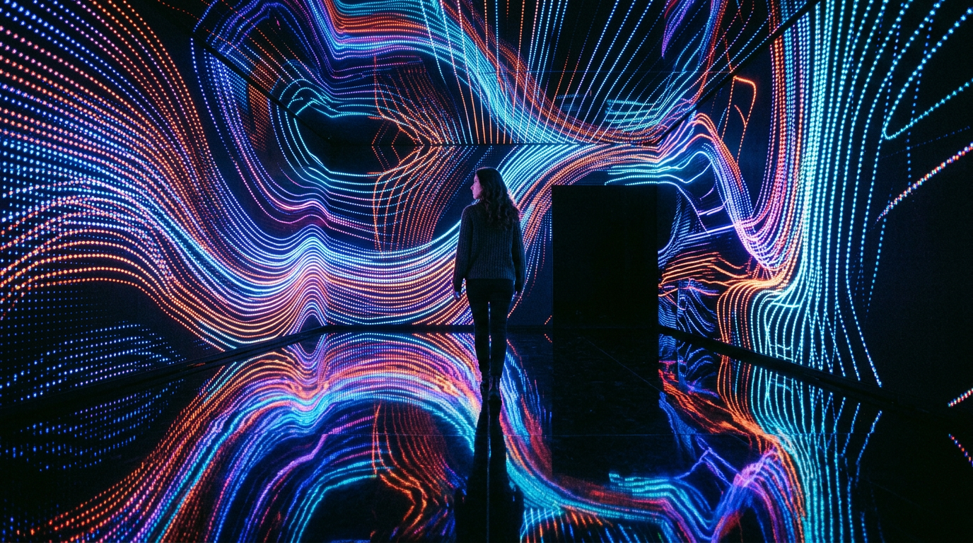 Person walking through immersive LED light installation with colorful flowing patterns