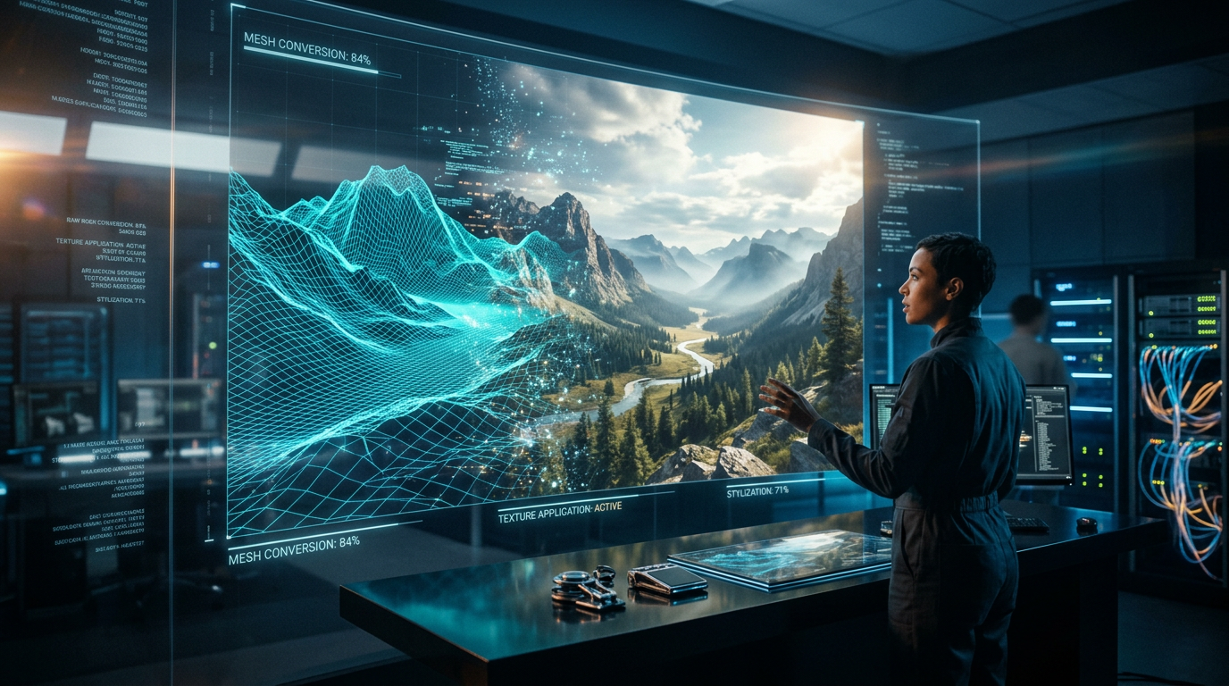 Scientist interacting with a large transparent screen showing 3D landscape data and mountain scenery